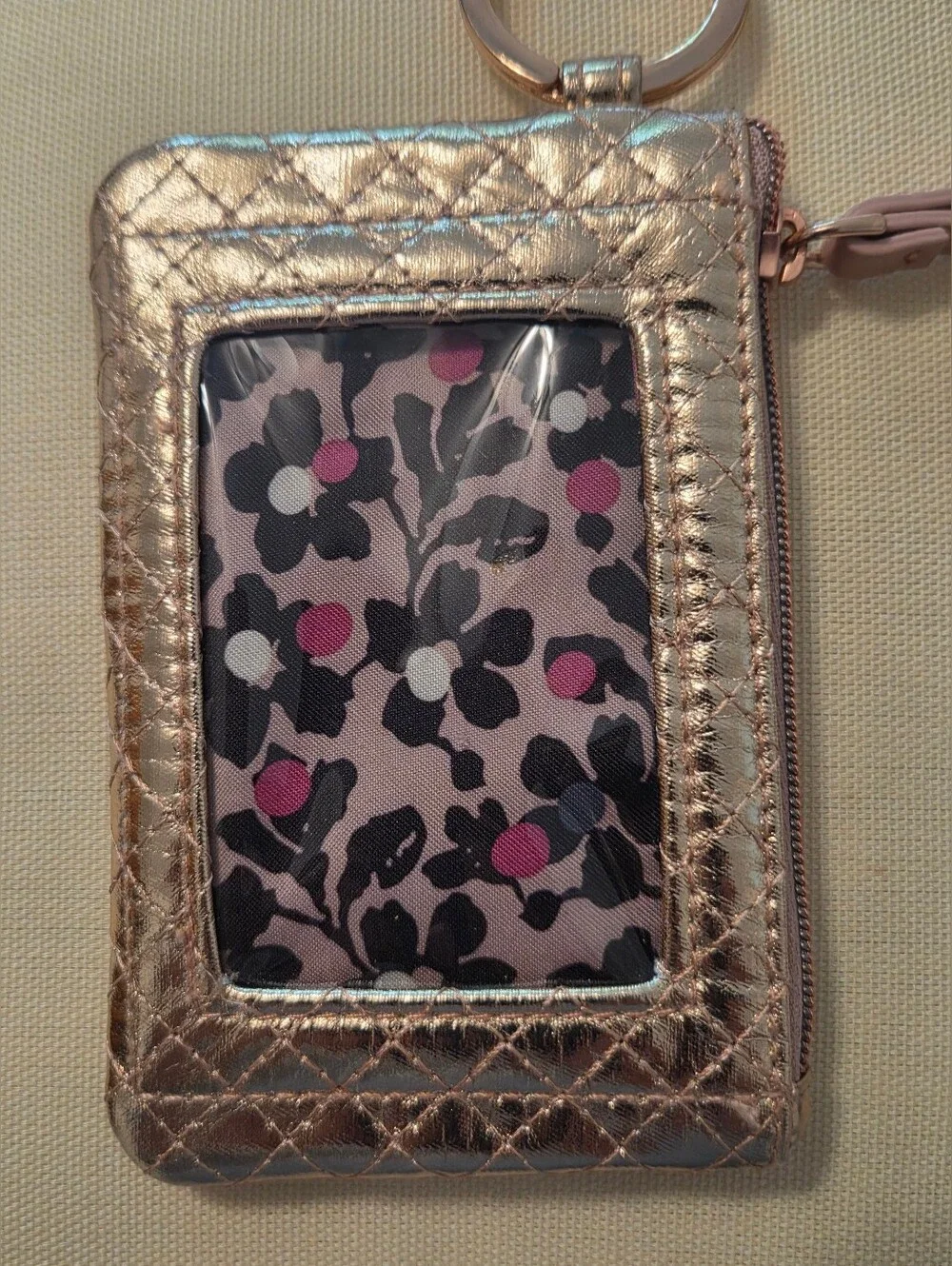 Vera Bradley Metallic Gold Quilted ID Card Holder with Floral Window